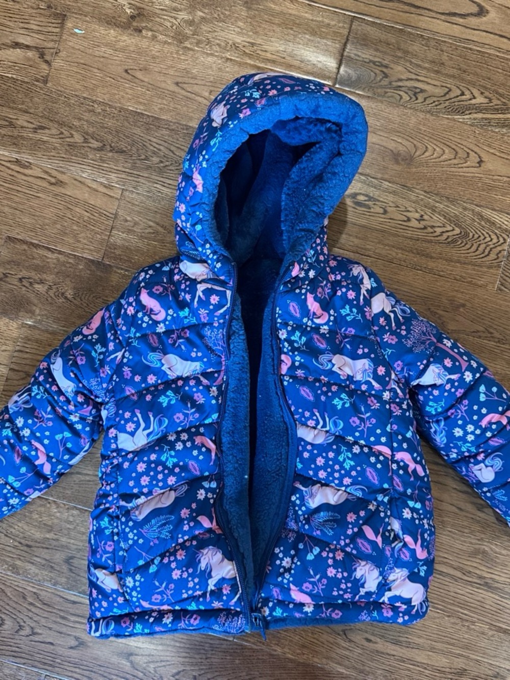 Falls Creek Girls' Blue Unicorn Floral Puffer Jacket
